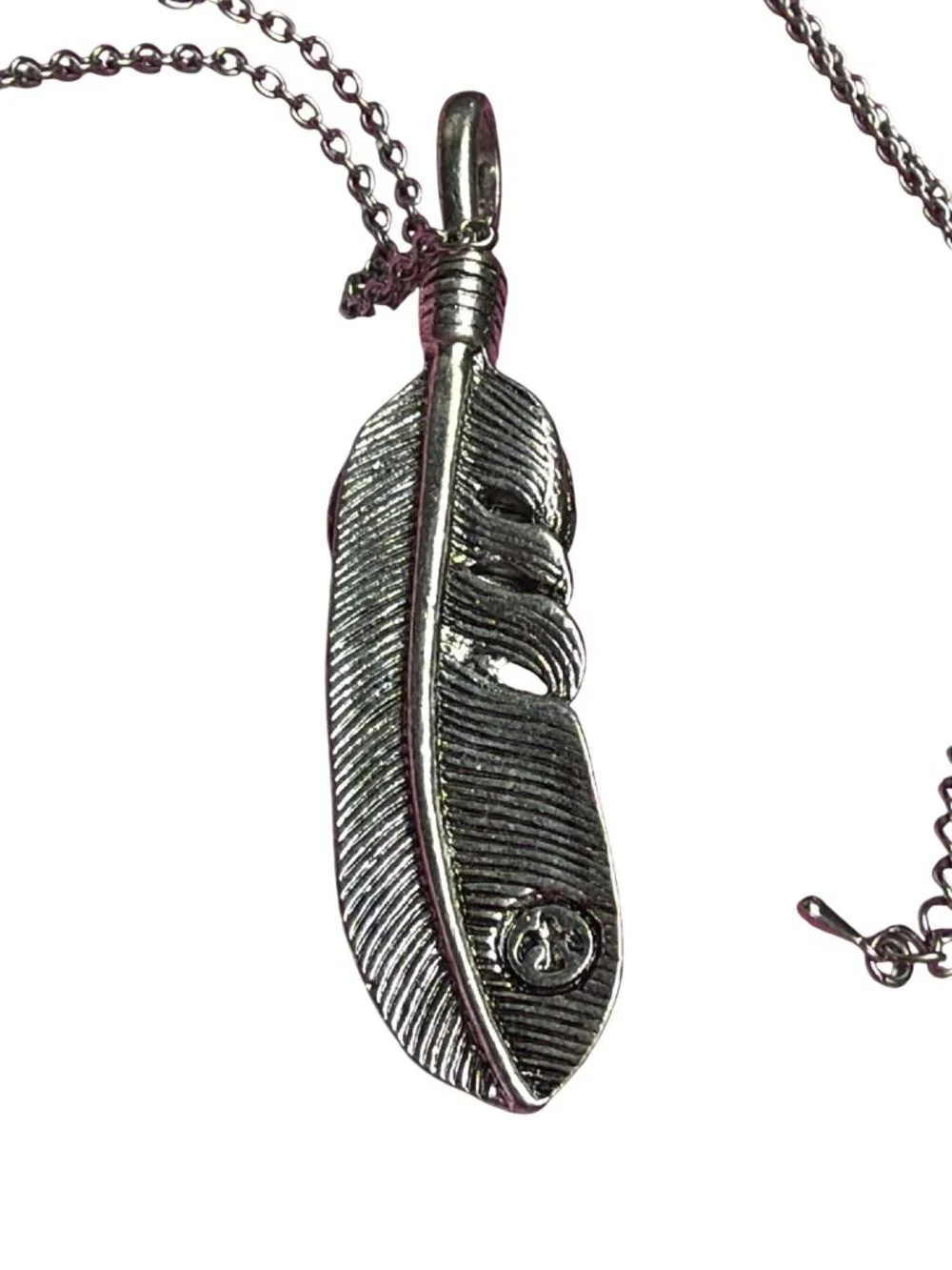 Stainless Steel Feather Pendant Necklace Faux Turquoise Cabochon Biker 35.5